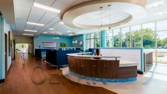 Tavolo frontale lungo bianco con superficie solida, grande, grande, reception per clinica, design della stazione per infermieri ospedalieri a forma di U